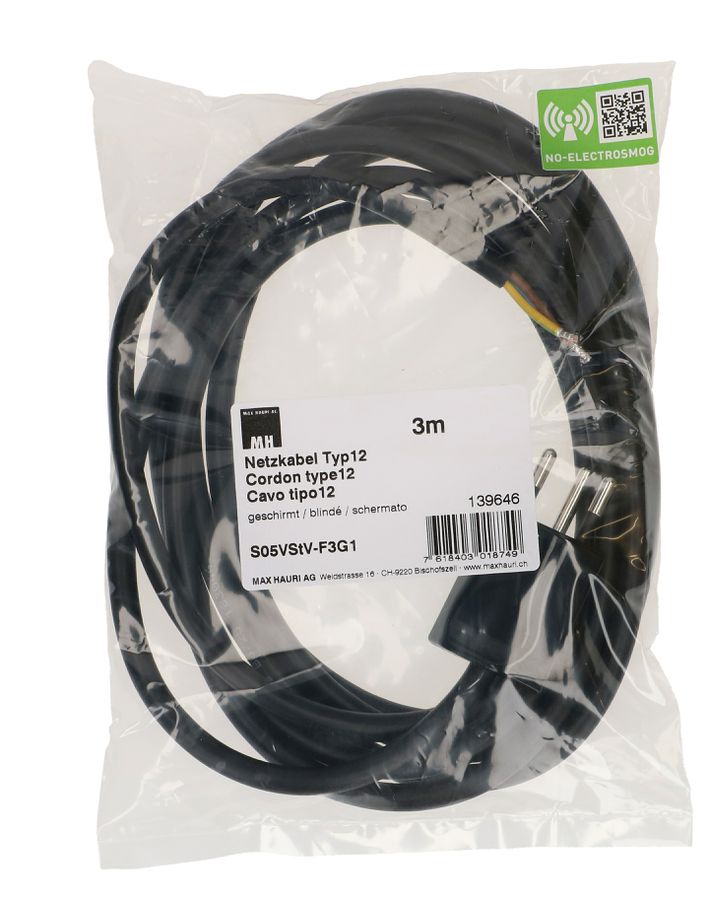 Câble secteur 3G1.0 3m noir blindé avec type 12 fiche