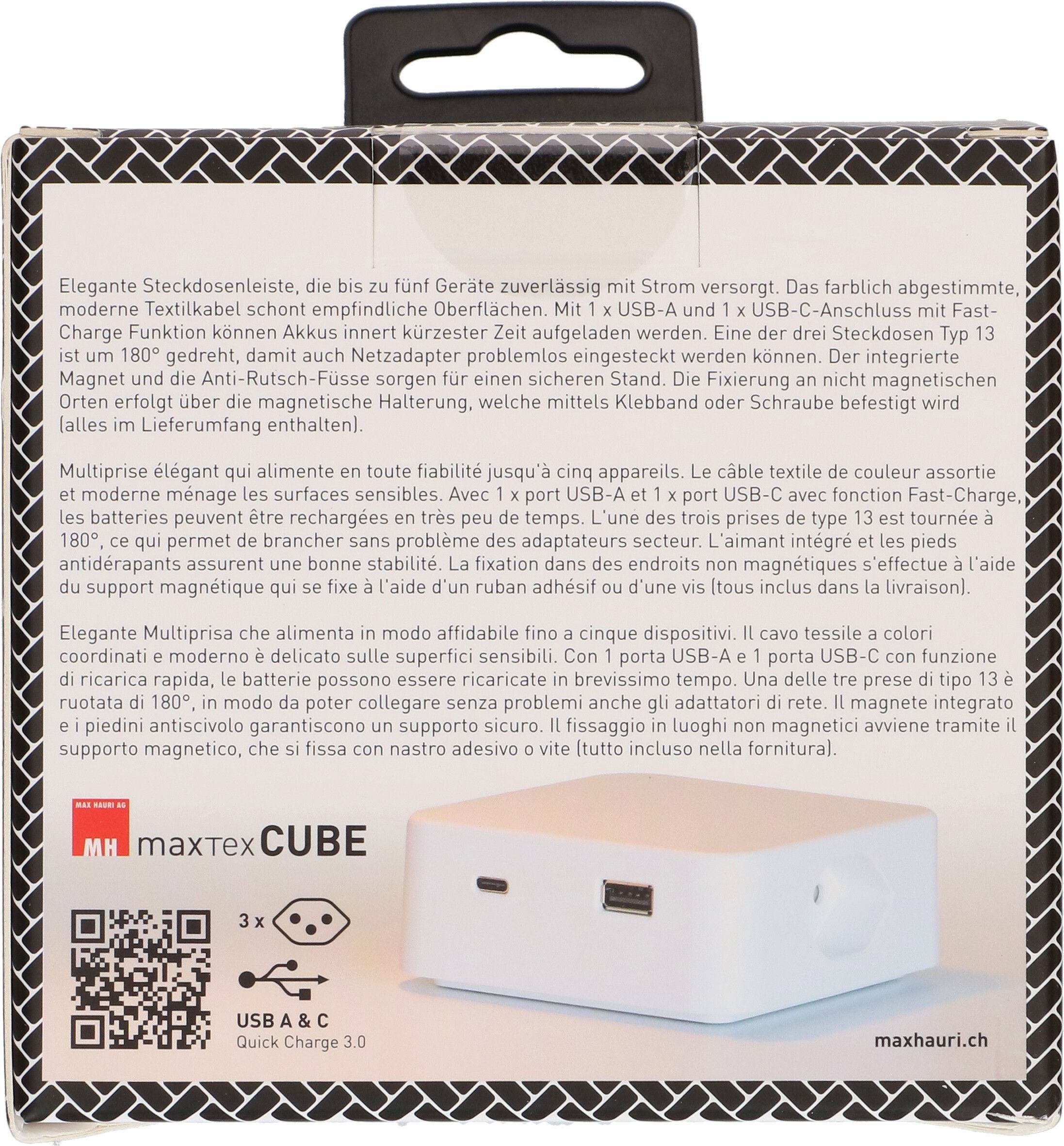 multiprise Cube 3x type 13 noir / noir USB 2m clip-clap