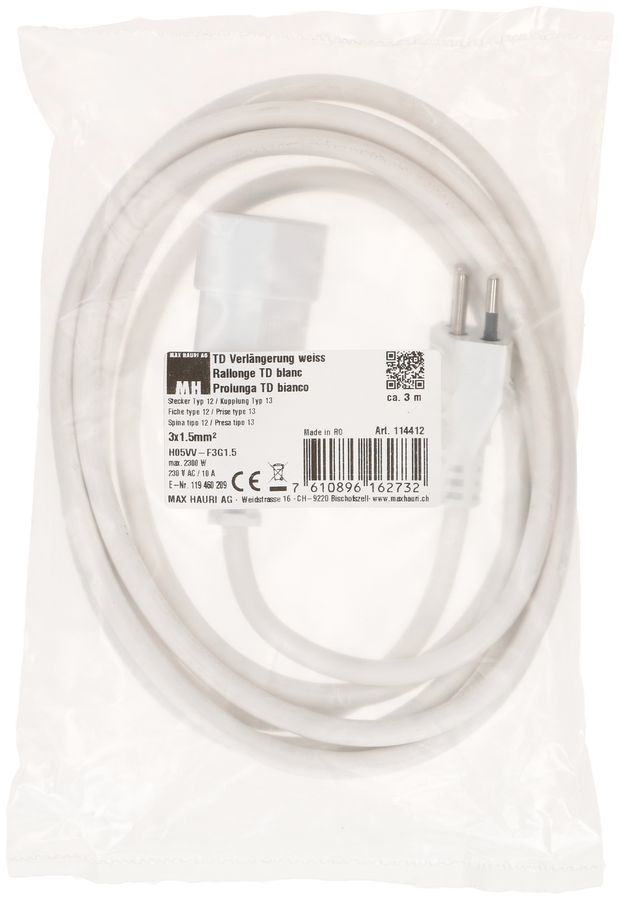 Rallonge TD H05VV-F3G1.5 3m blanc type 12 / type 13