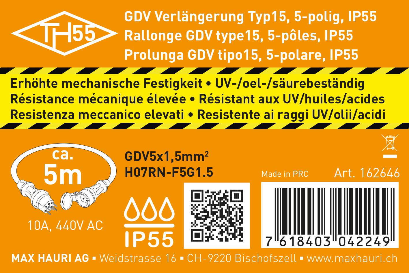 IP55 rallonge GDV H07RN-F5G1.5 5m noir type 15 / type 15