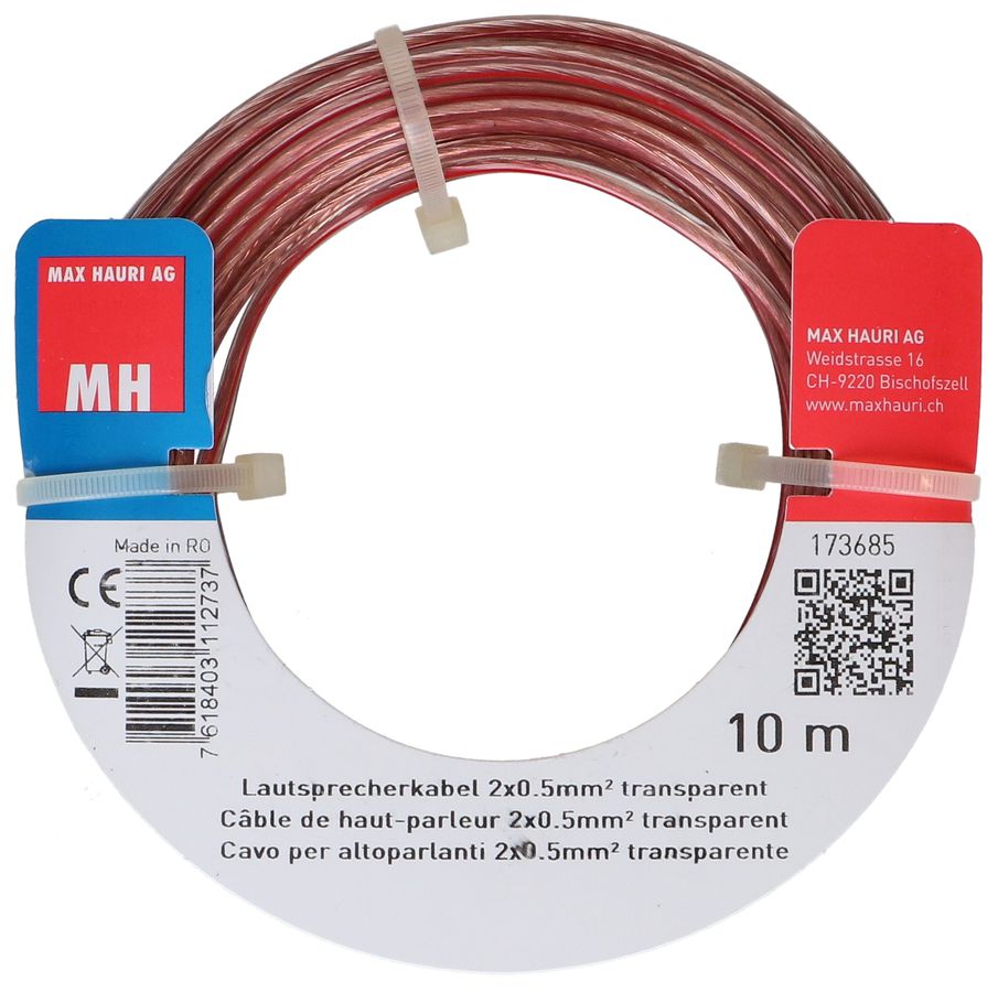 câble de haut-parleur 2x0.5mm² 10m transparent