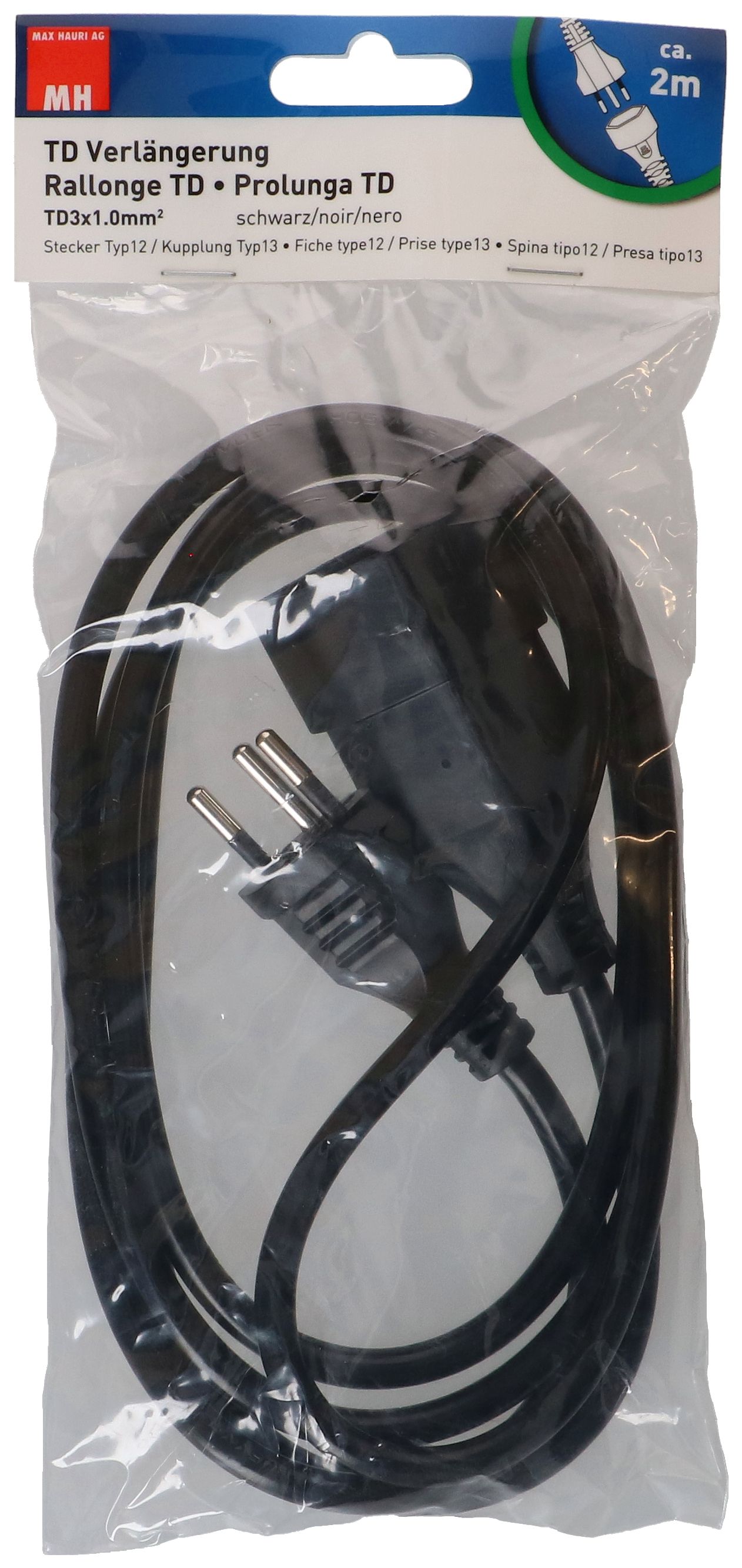 TD-Verlängerung H05VV-F3G1.0 2m schwarz BS Typ 12 / Typ 13