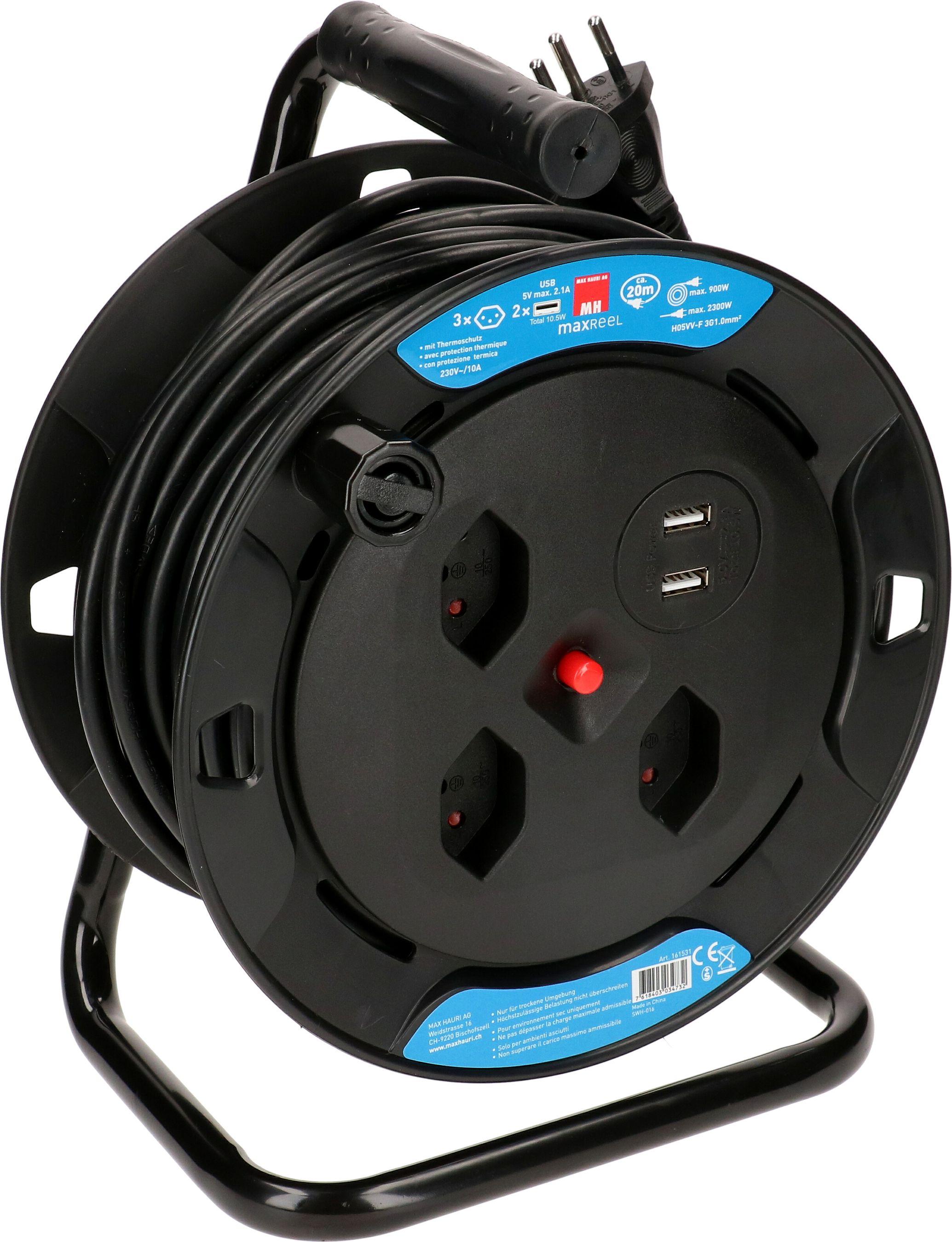 enrouleur de câble 3x type 13 2x USB type A 20m noir