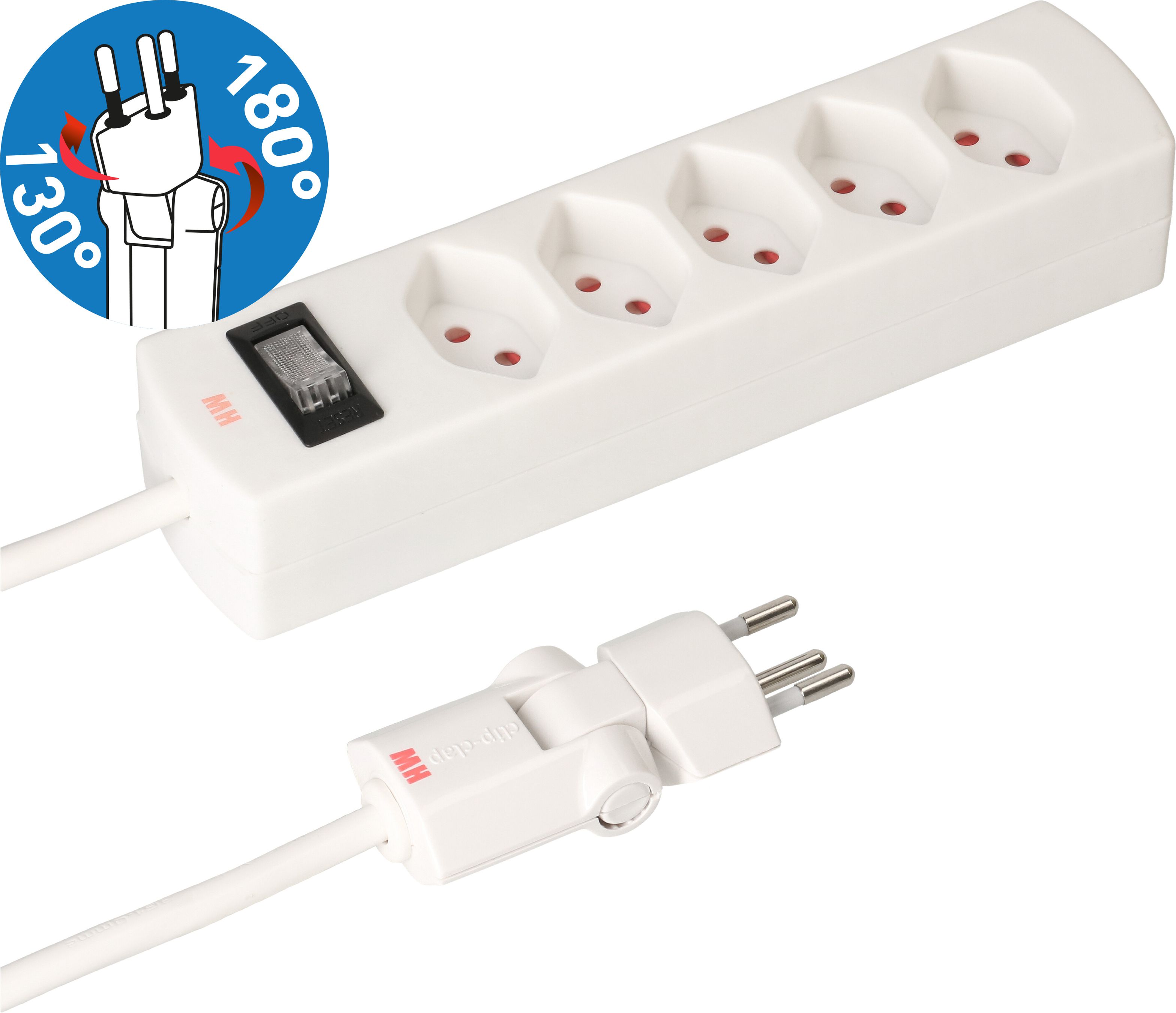 multiprise Safety Line 5x type 13 BS blanc interrupteur 2m cli.