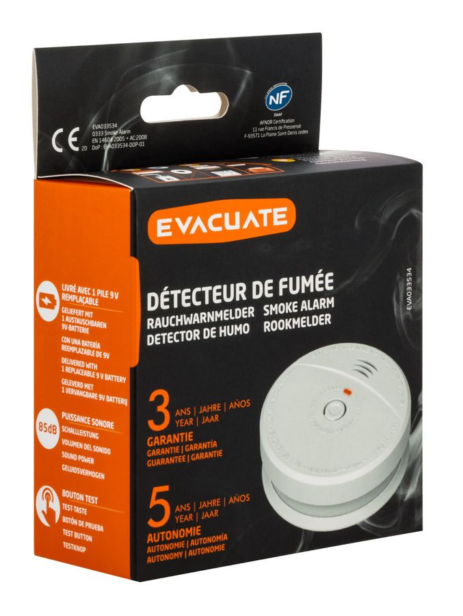 détecteur de fumée EVA033534 avec pile longue durée 5 ans blanc