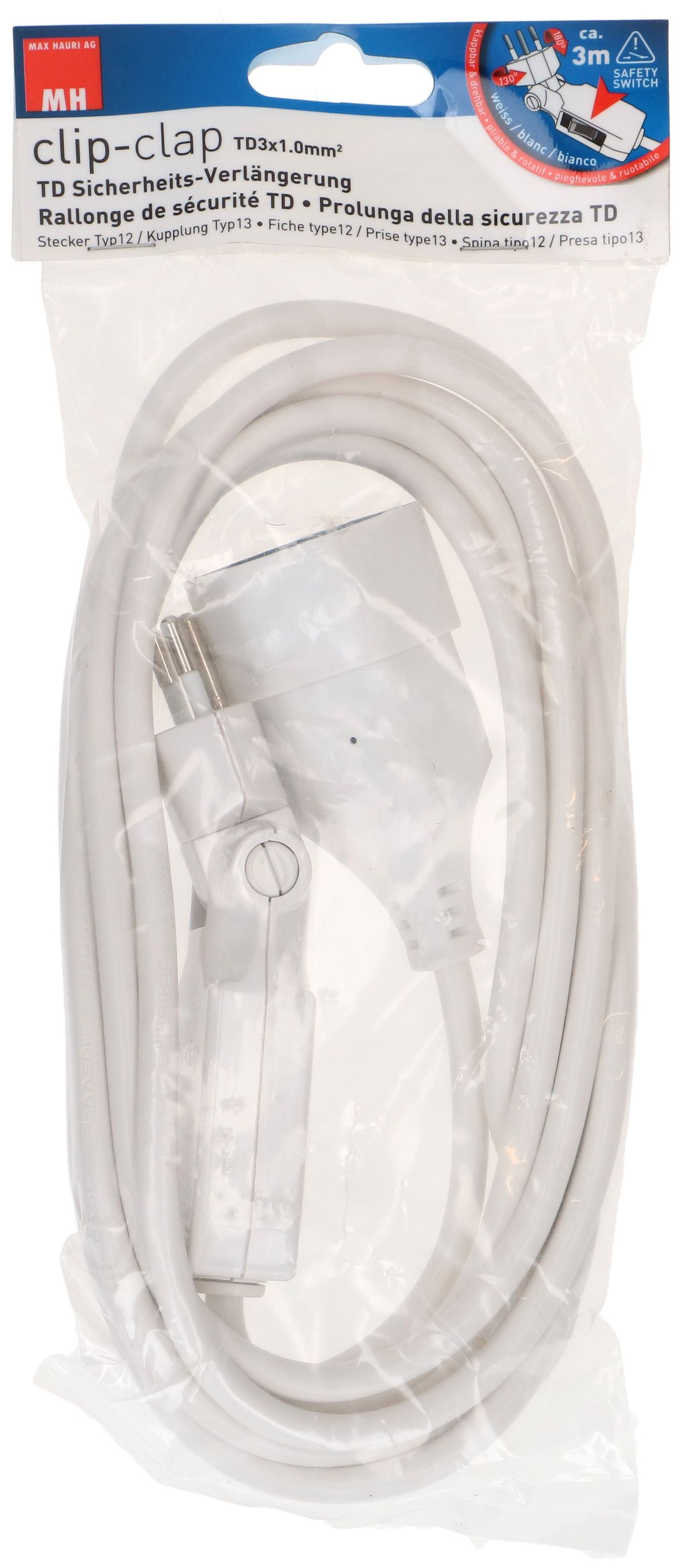 Rallonge TD H05VV-F3G1.0 3m blanc clip-clap OCP type 12 / type 13