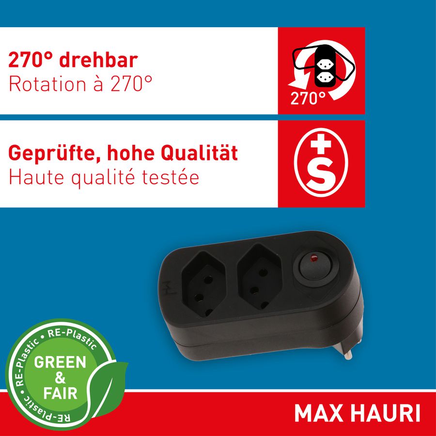 multi adaptateur ADAPT 2x type 13 noir rotatif interr. Green+Fair