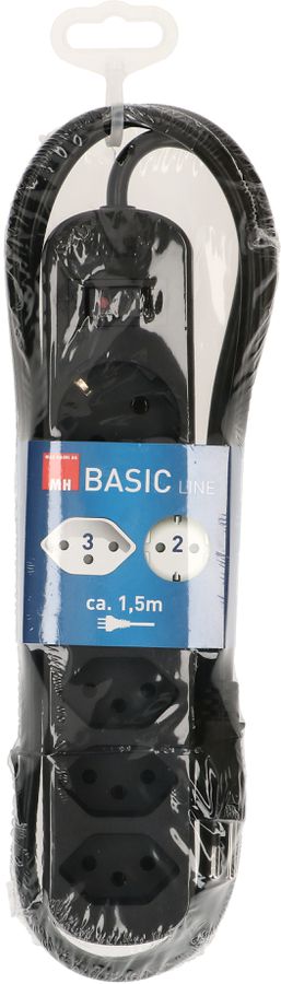 multiprise Basic Line 3x Type 13 2x Schuko noir interrupteur 1.5m