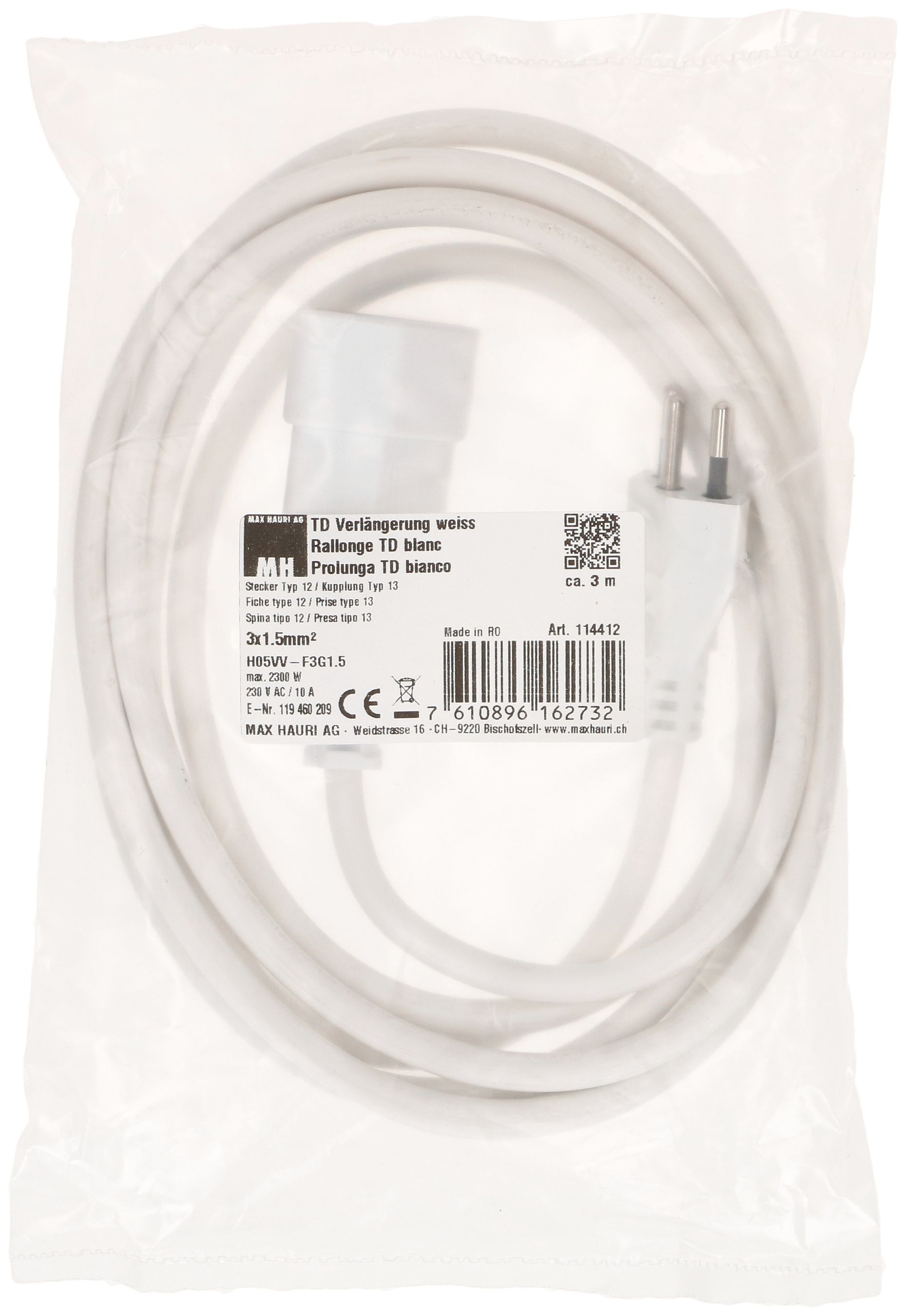 Rallonge TD H05VV-F3G1.5 3m blanc type 12 / type 13