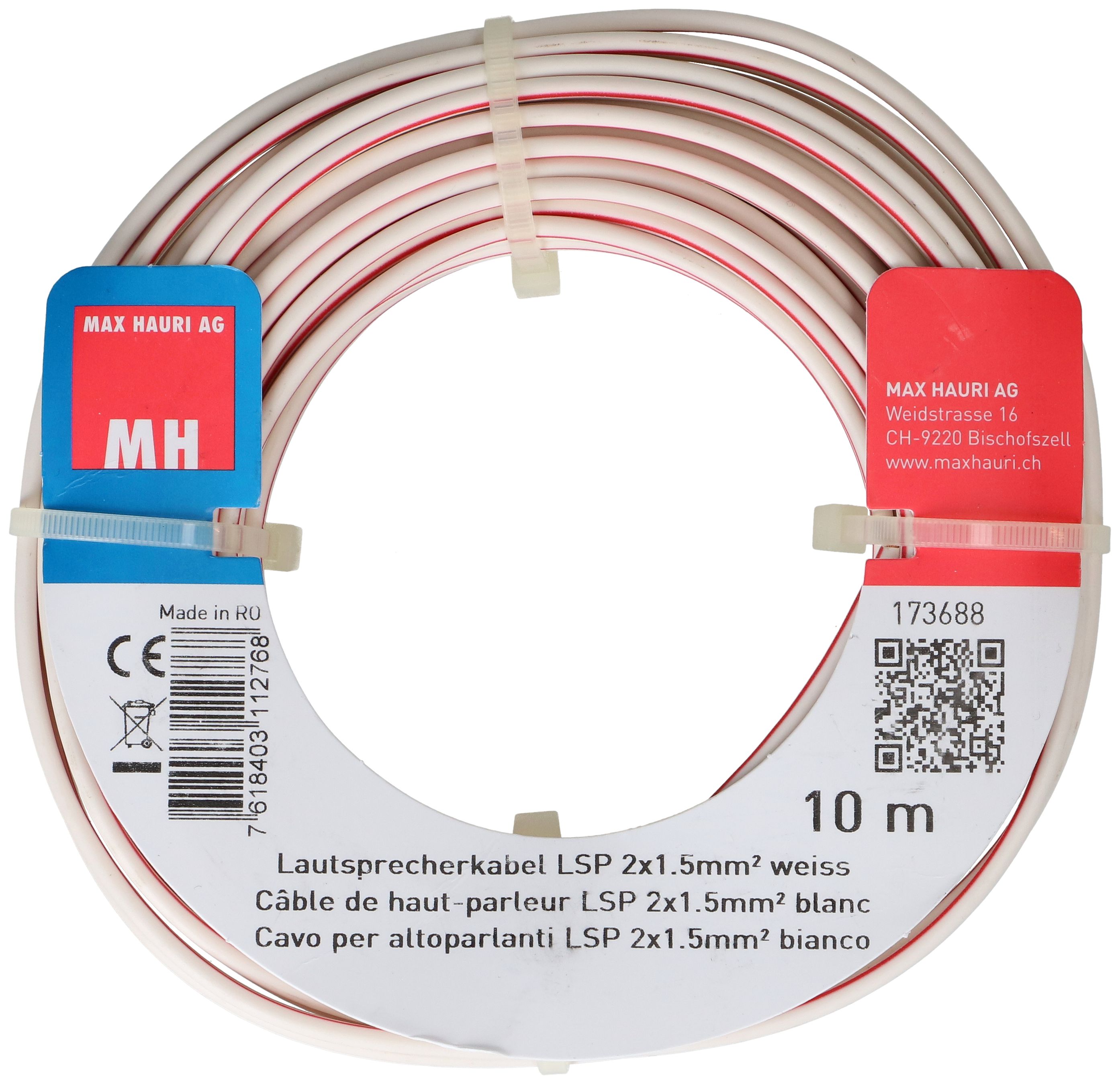 câble de haut-parleur 2x1.5mm² 10m blanc