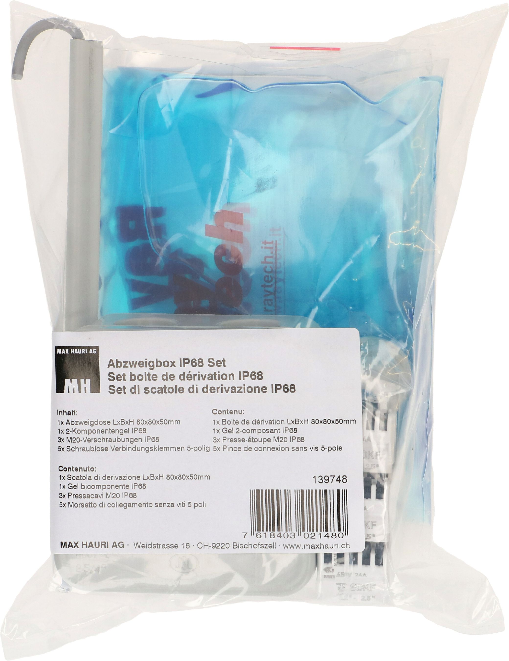 boîte de dérivation 80x80x50mm AP +rempliss. gel +access. IP68 gr