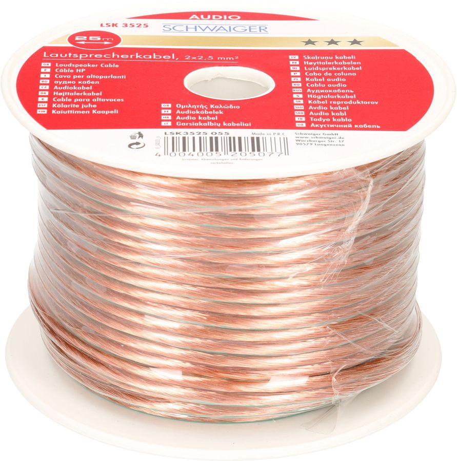 câble de haut-parleur 2x2.5mm² 25m transparent