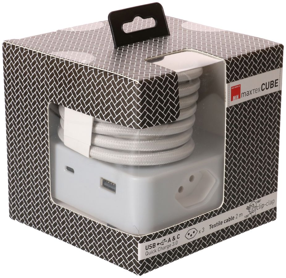 multiprise Cube 3x type 13 gris / blanc USB 2m clip-clap