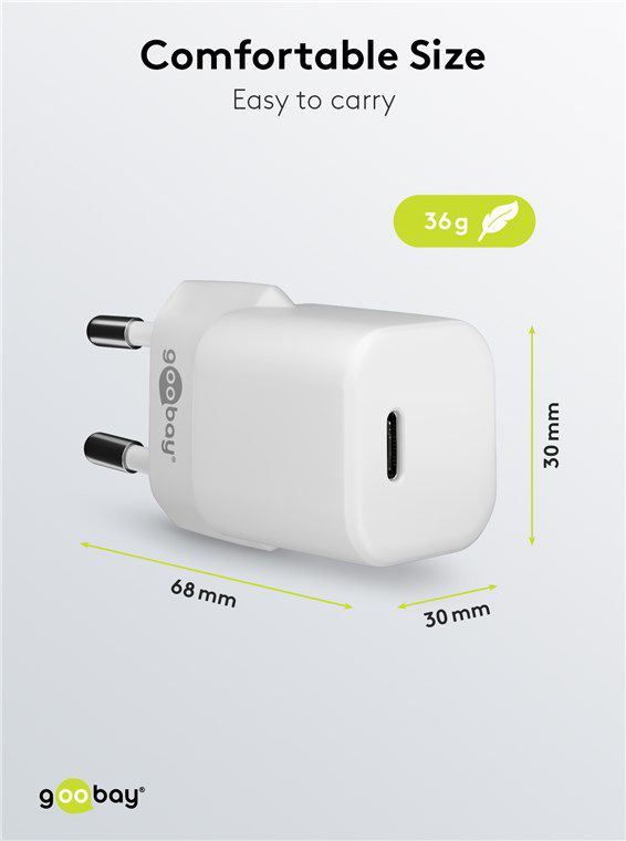 adaptateur de charge rapide USB GaN nano 1x USB-C PD 20W blanc