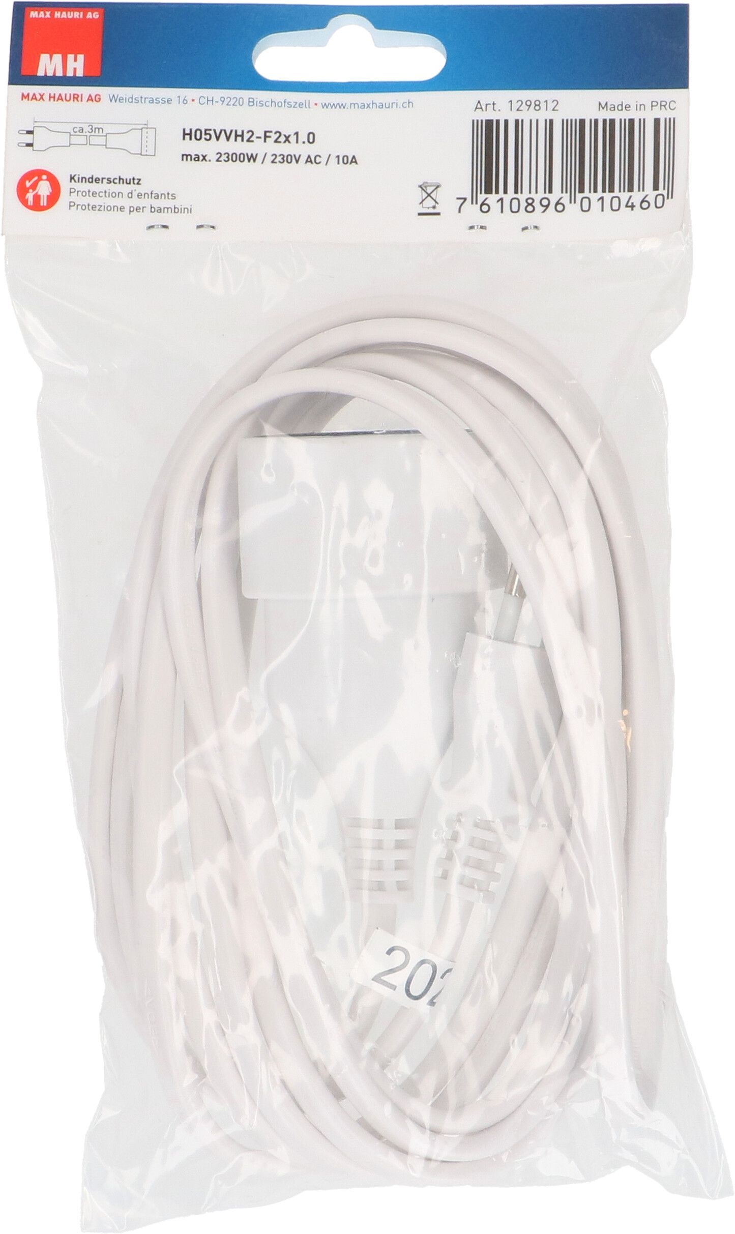 Rallonge TDF H05VVH2-F2X1.0 3m blanc BS type 11 / type 11