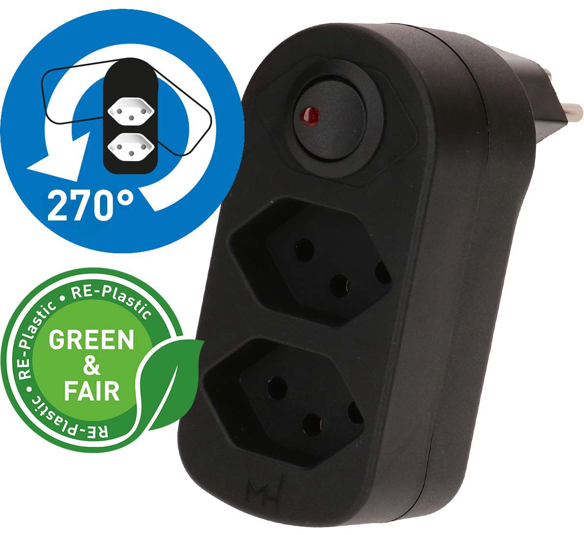 multi adaptateur ADAPT 2x type 13 noir rotatif interr. Green+Fair