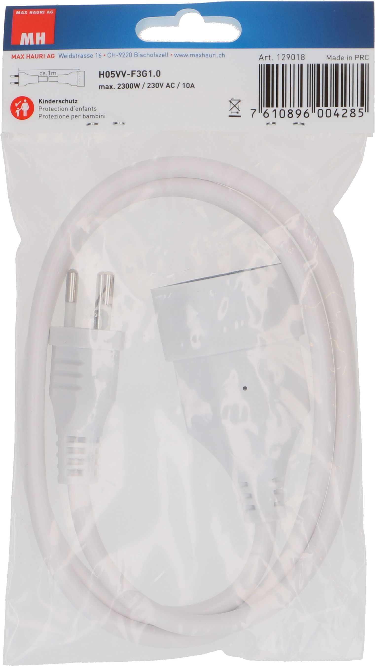 Rallonge TD H05VV-F3G1.0 1m blanc BS type 12 / type 13