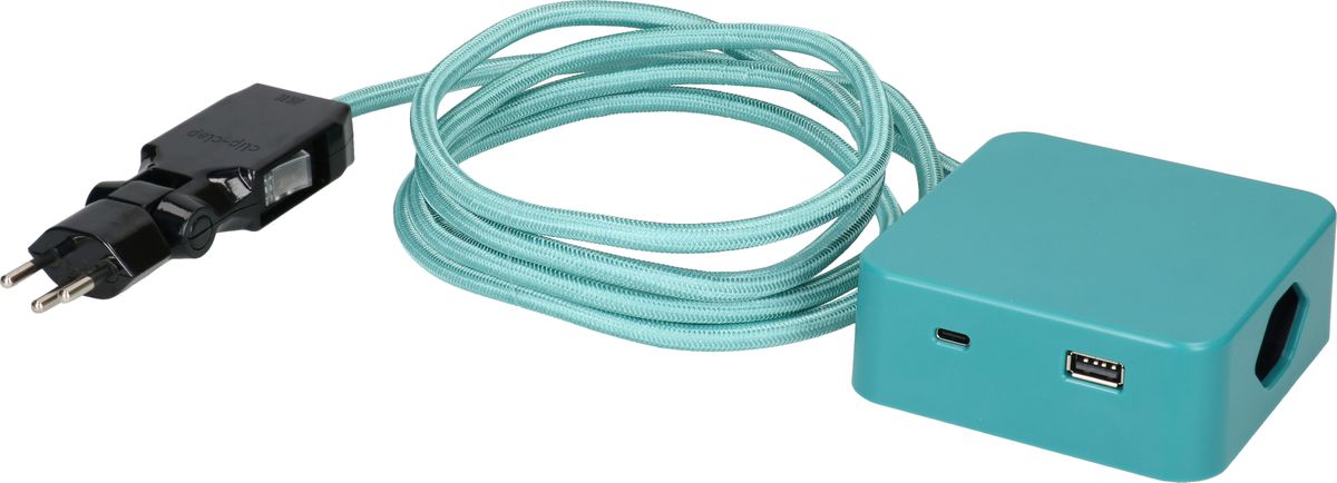 multiprise Cube 3x type 13 turquoise / noir USB 2m clip-clap