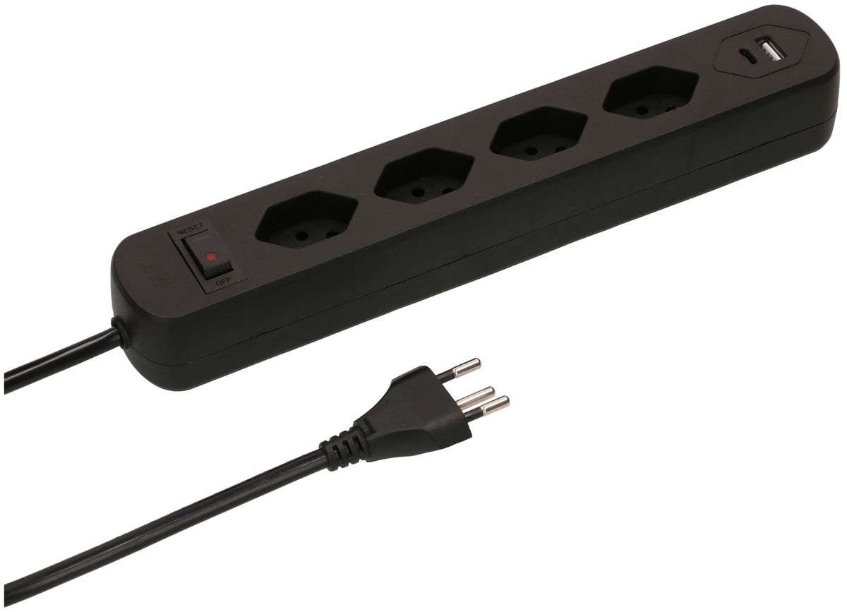 multiprise Basic Line 4x type 13 90° USB A+C nr interrupteur 1.5m
