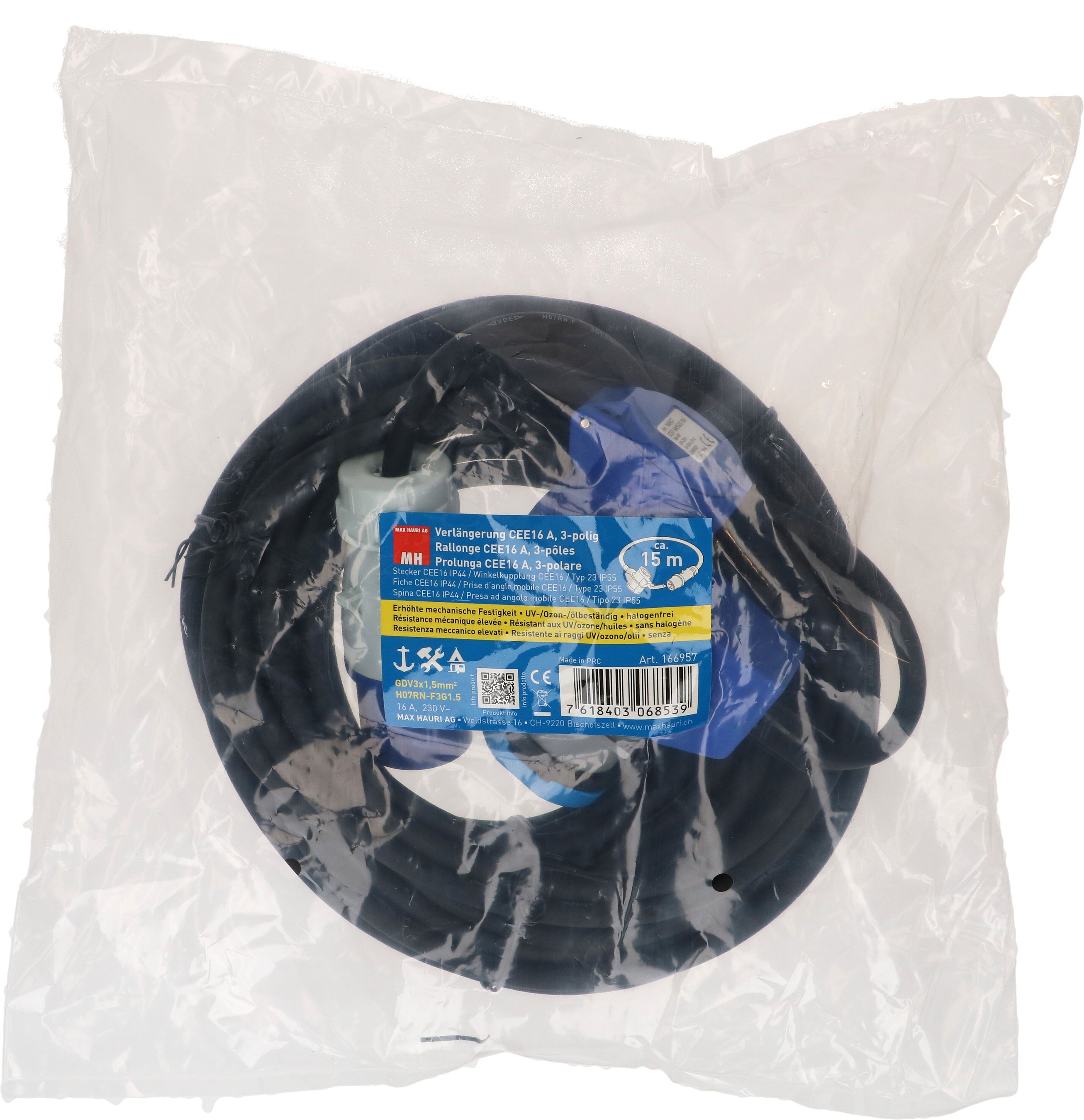 CEE-Verlängerung H07RN-F3G1.5 15m sw CEE16-3/CEE16-3+Typ 23 IP55