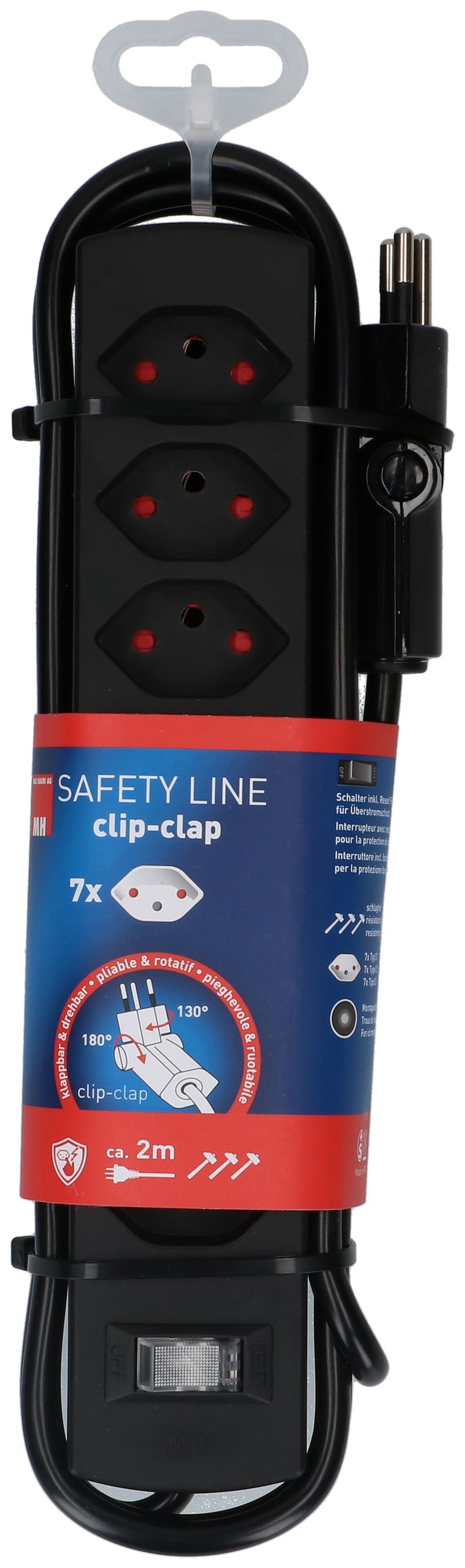 multiprise Safety Line 7x type 13 BS noir interrupteur 2m cli.
