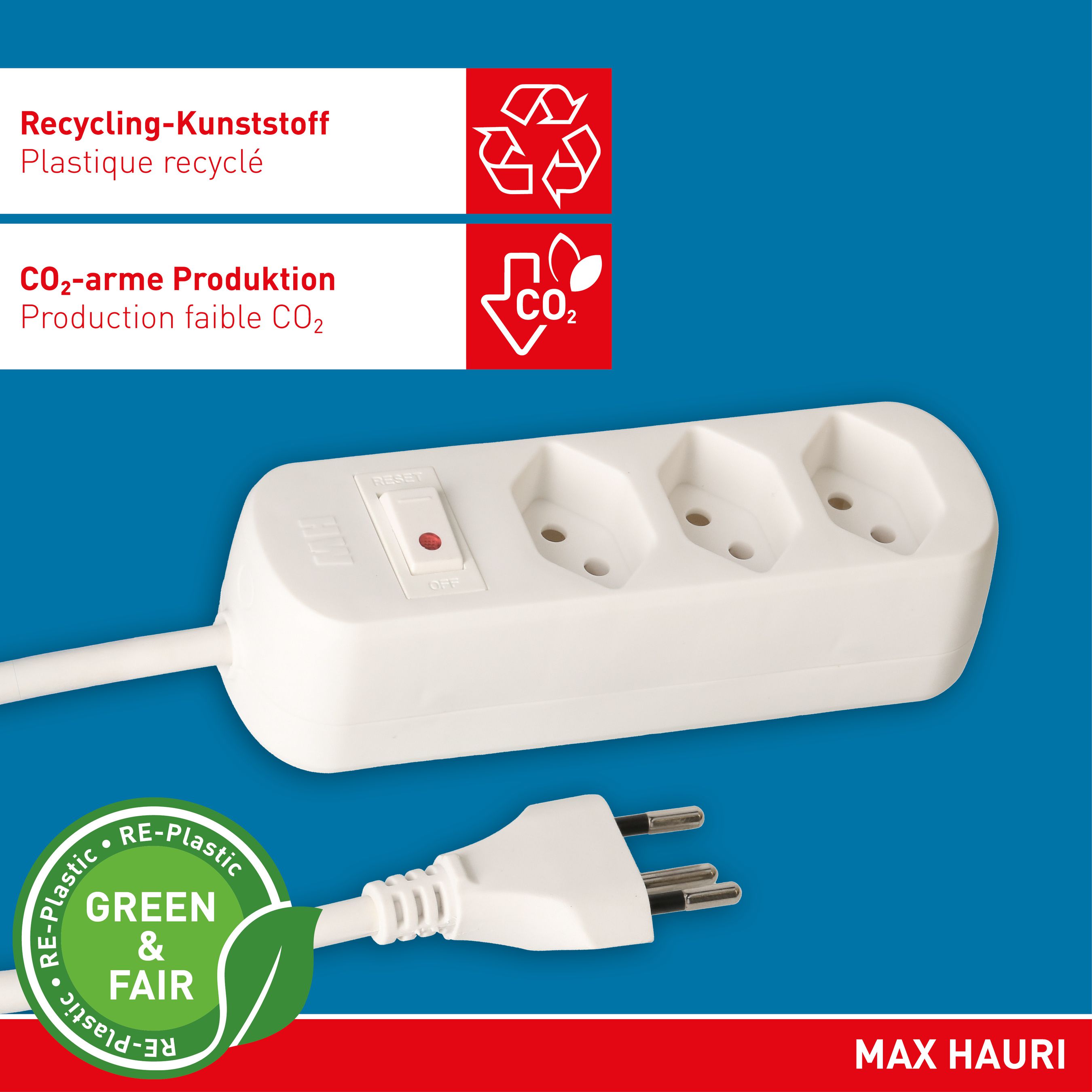 multiprise Basic Line 3x type 13 bc interrupteur 1.5m Green+Fair