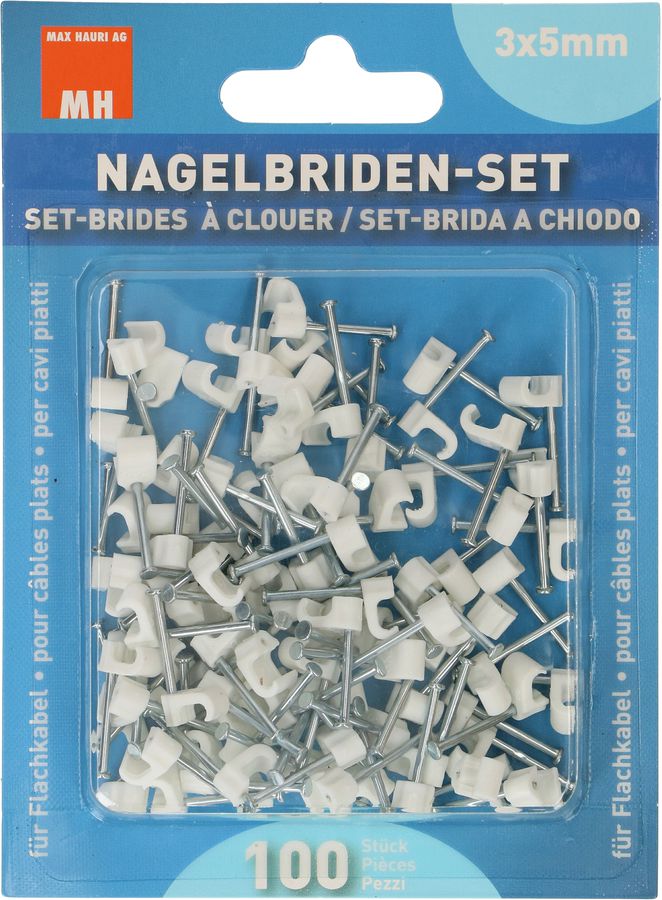 set bride à clouer 3x5mm blanc pour câble plat / 100 pièces