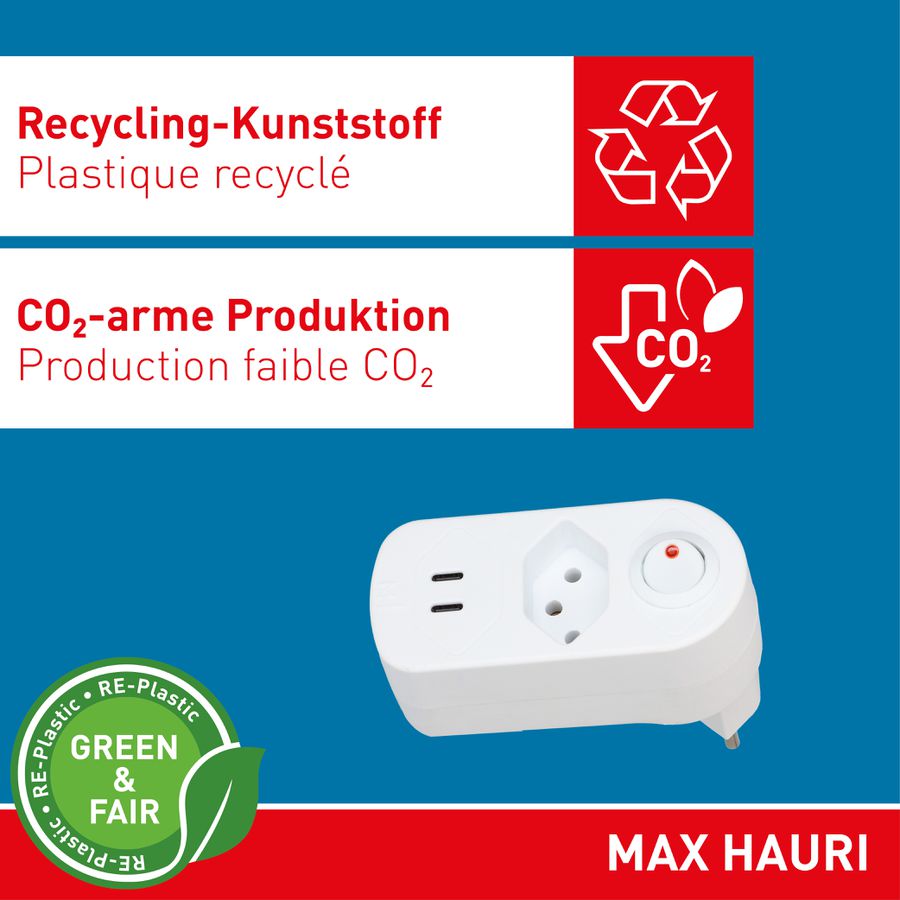 Abzweigstecker ADAPT 1x Typ 13 USB-C/C 20W ws drehbar Green+Fair