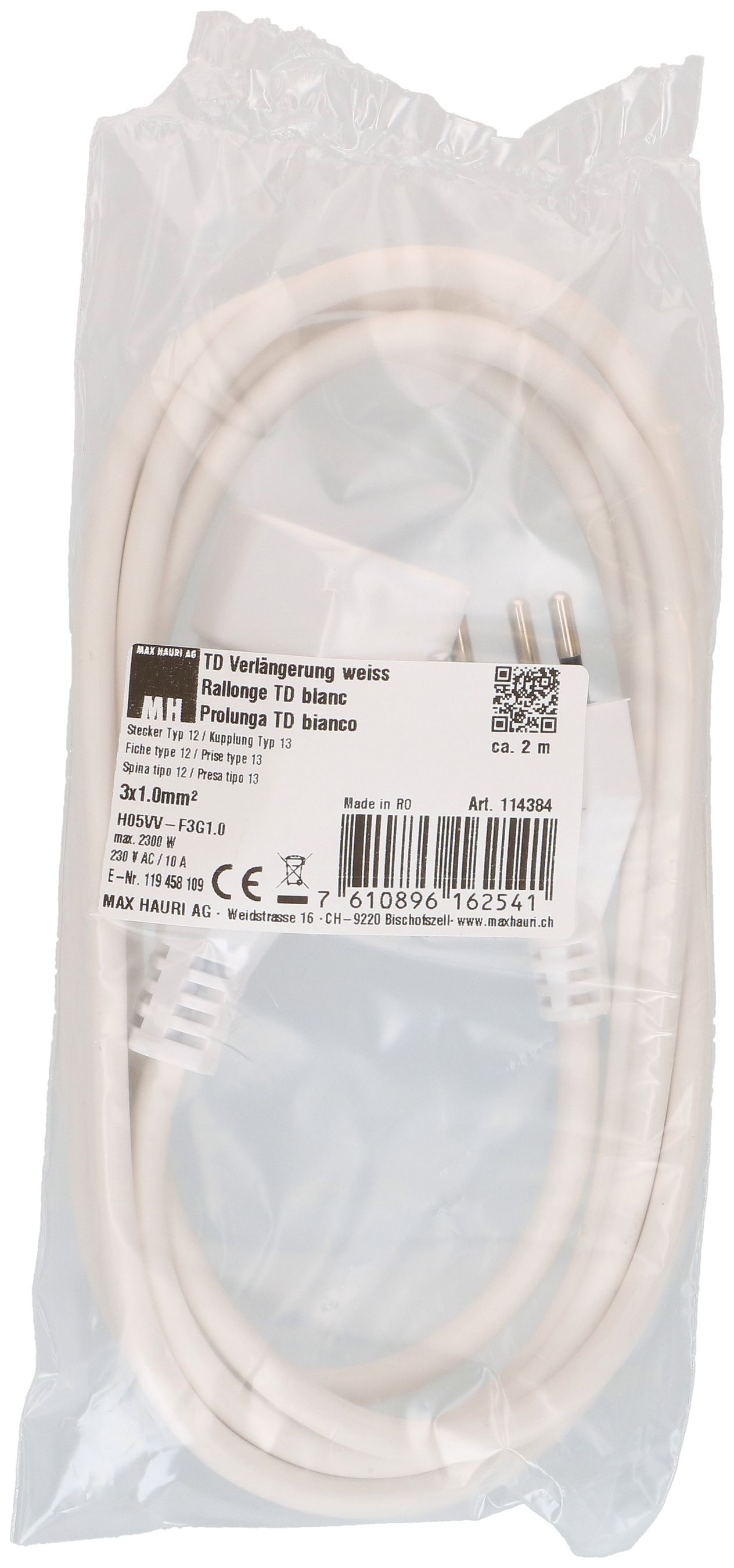 Rallonge TD H05VV-F3G1.0 2m blanc type 12 / type 13