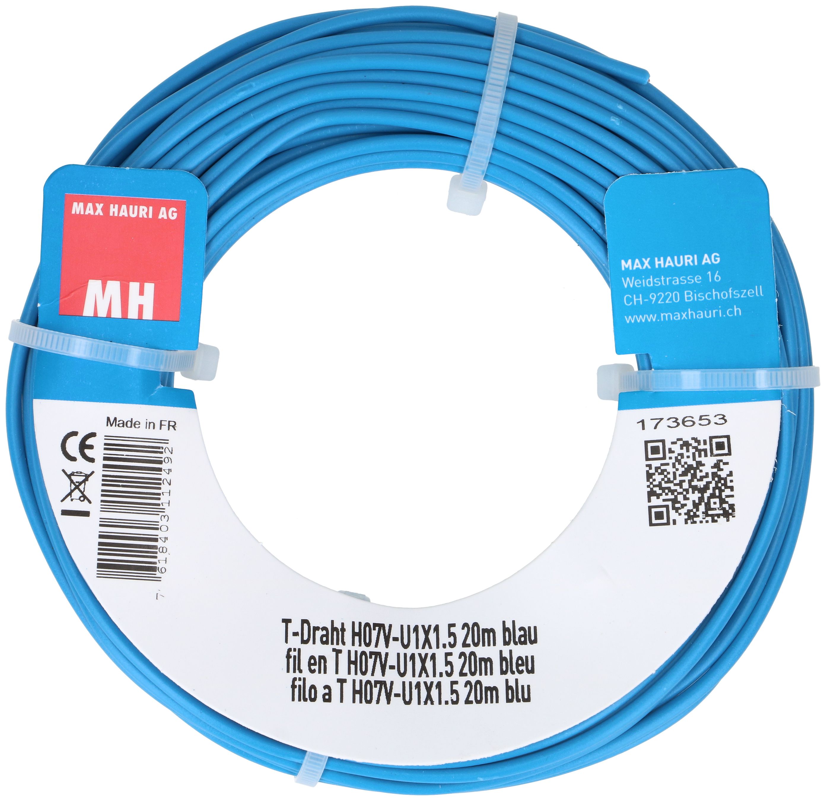 fil en T H07V-U1X1.5 20m bleu