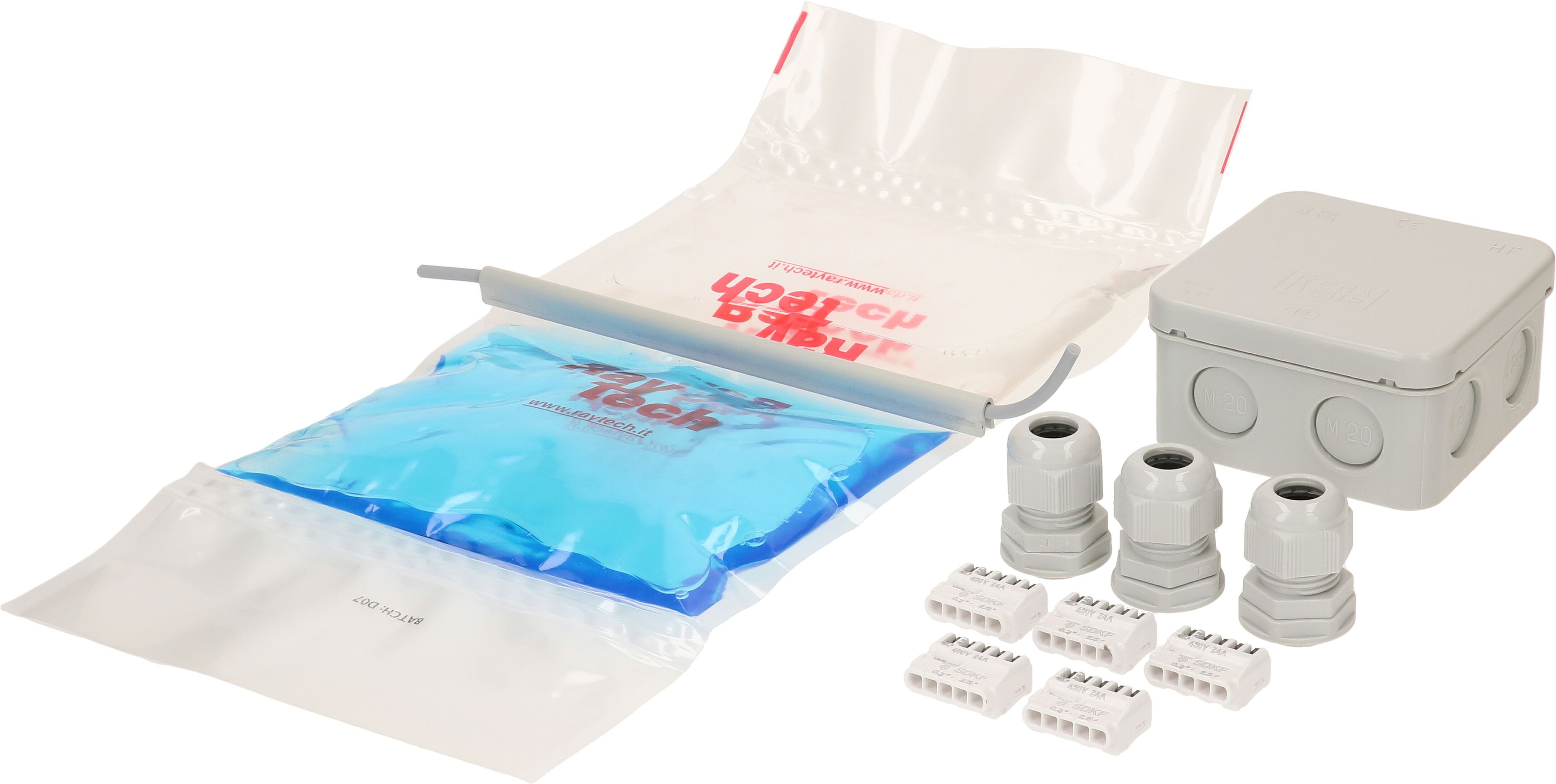 boîte de dérivation 80x80x50mm AP +rempliss. gel +access. IP68 gr