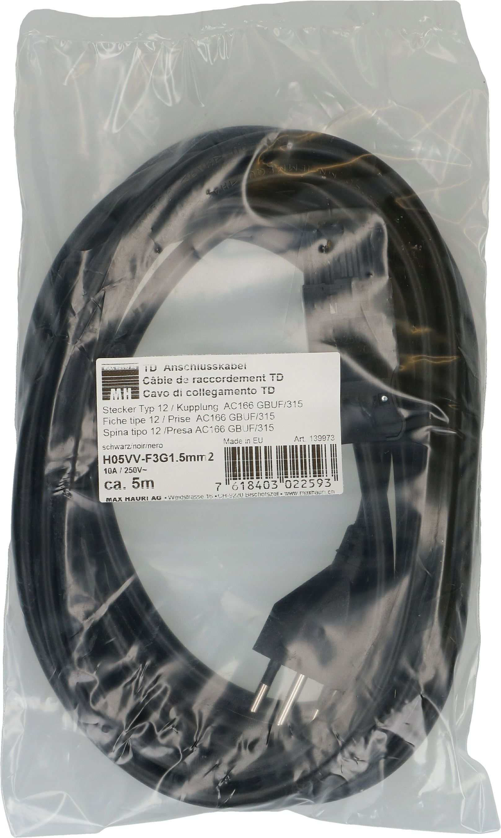 câble de raccordement TD H05VV-F3G1.5 5m noir type 12 / AC 166