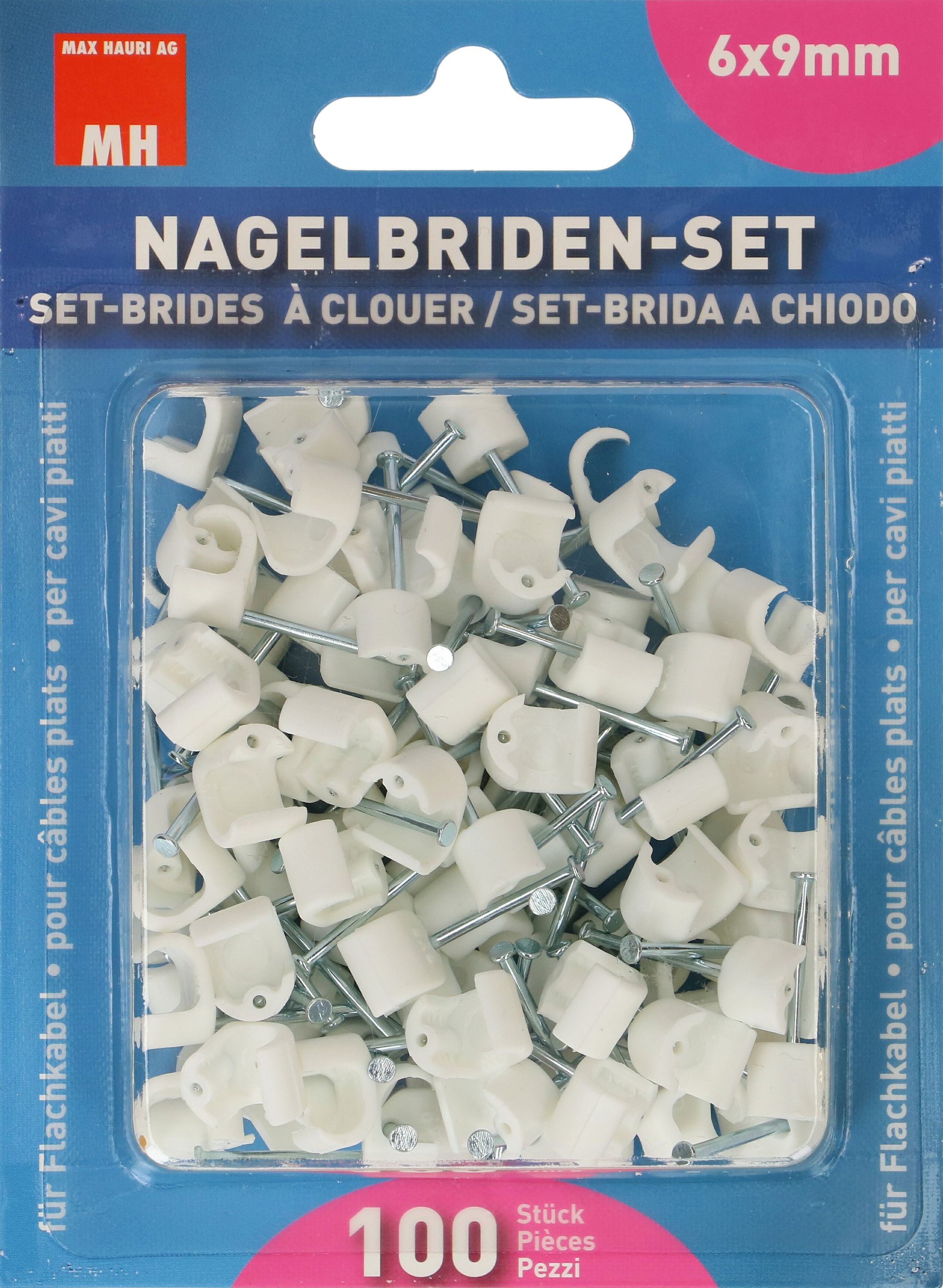 set bride à clouer 6x9mm blanc pour câble plat / 100 pièces