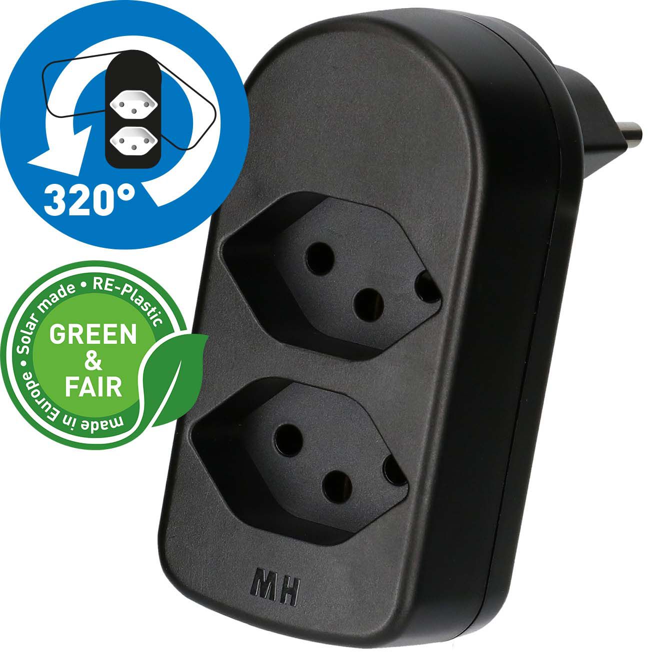 multi adaptateur ADAPT 2x type 13 noir rotatif Green+Fair