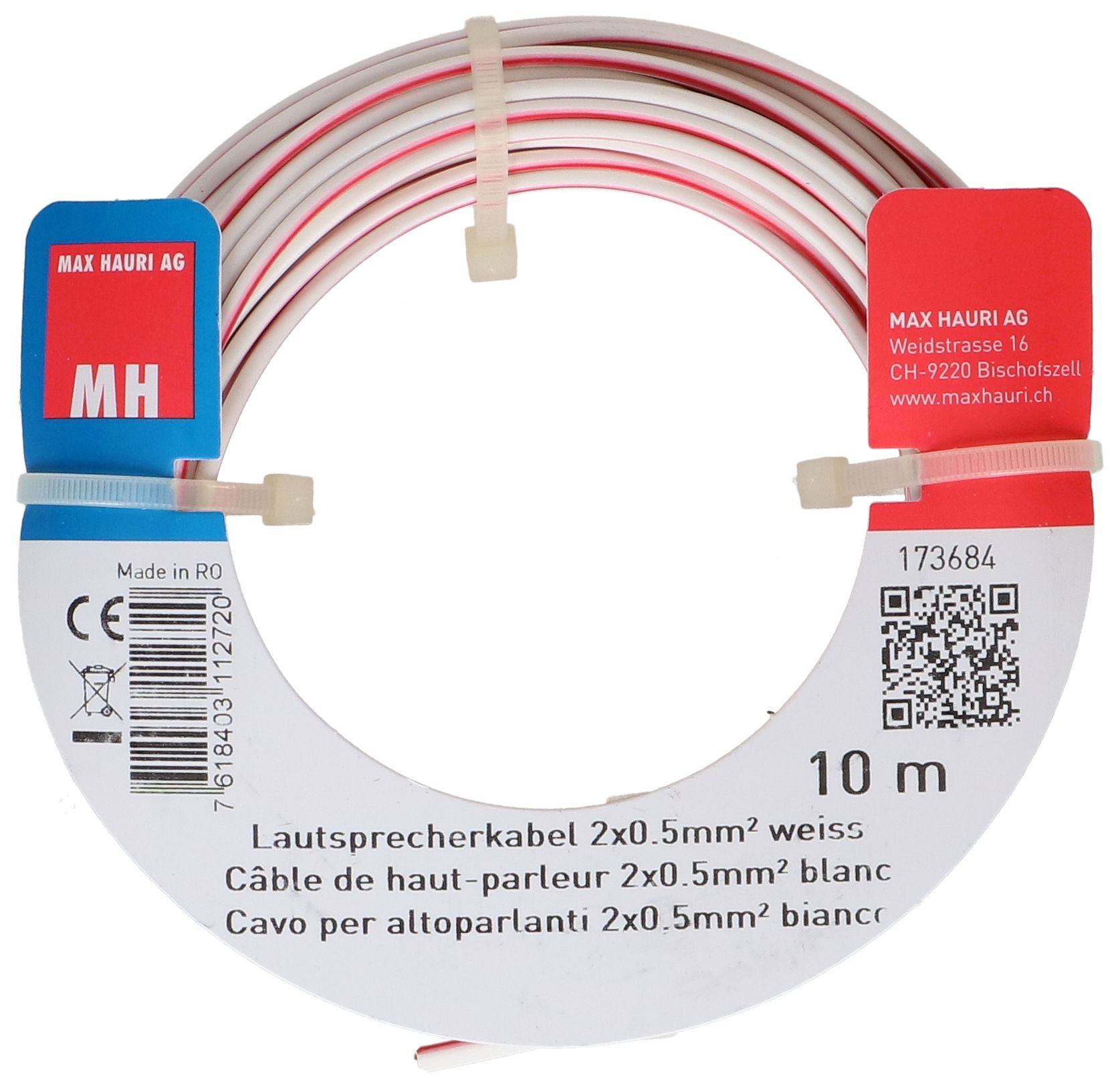 câble de haut-parleur 2x0.5mm² 10m blanc