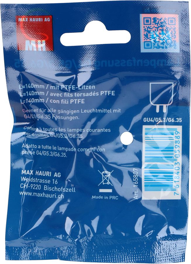 portalampada per alogena G4/G5.3/G6.35 cavetto PTFE 140mm