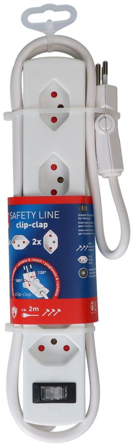 multiprise Safety Line 6x type 13 2x 90° BS blanc interr. 2m cli.