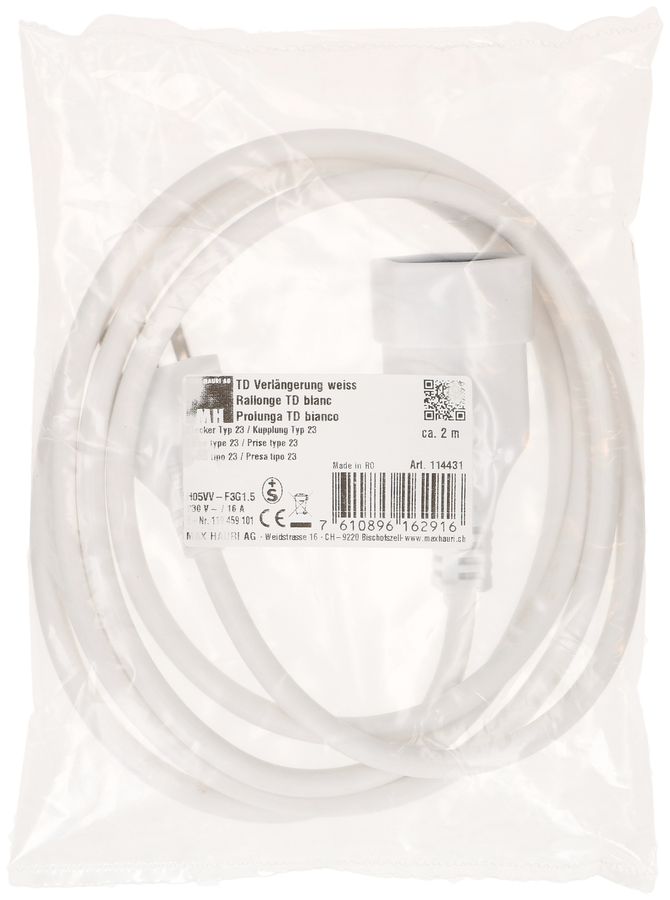 Rallonge TD H05VV-F3G1.5 2m blanc type 23 / type 23