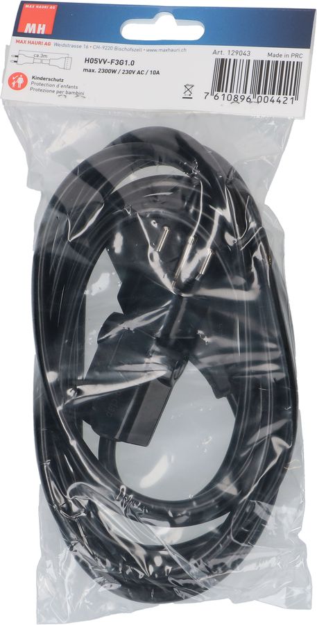 Rallonge TD H05VV-F3G1.0 3m noir clip-clap BS type 12 / type 13