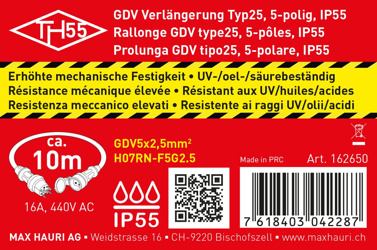 IP55 rallonge GDV H07RN-F5G2.5 10m noir type 25 / type 25