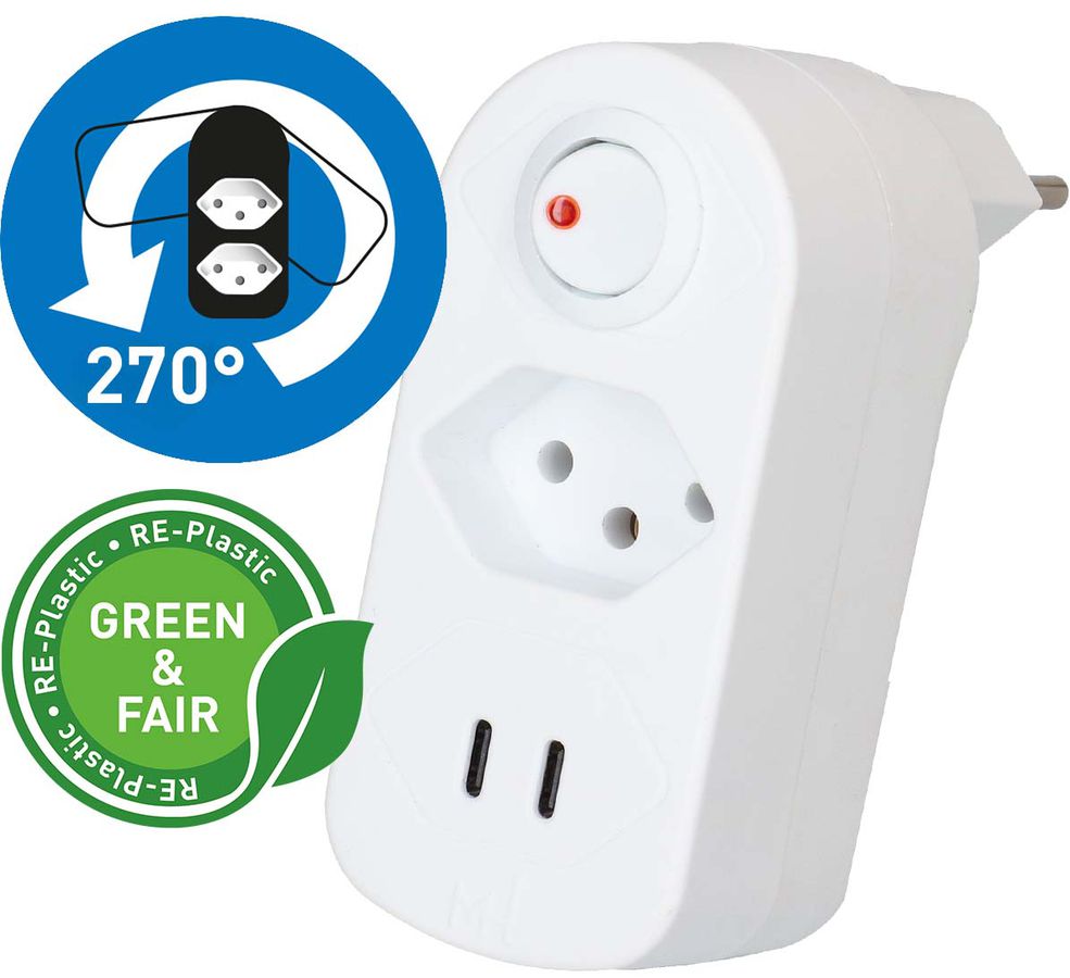 Abzweigstecker ADAPT 1x Typ 13 USB-C/C 20W ws drehbar Green+Fair