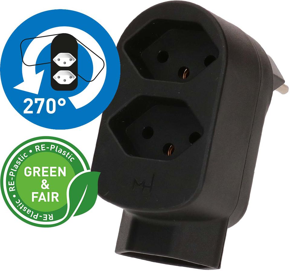 multi adaptateur ADAPT 2+1x type 13 noir rotatif Green+Fair