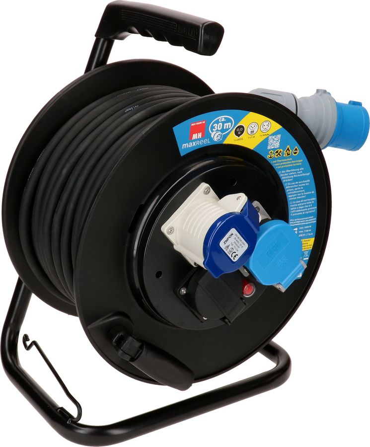 enrouleur de câble 1x type 23 IP55 1x CEE16-3 1x Schuko 30m