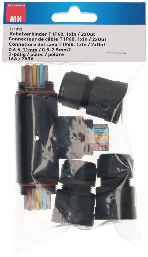 Connecteur câble T IP68 noir 3-pôles 16A/250V