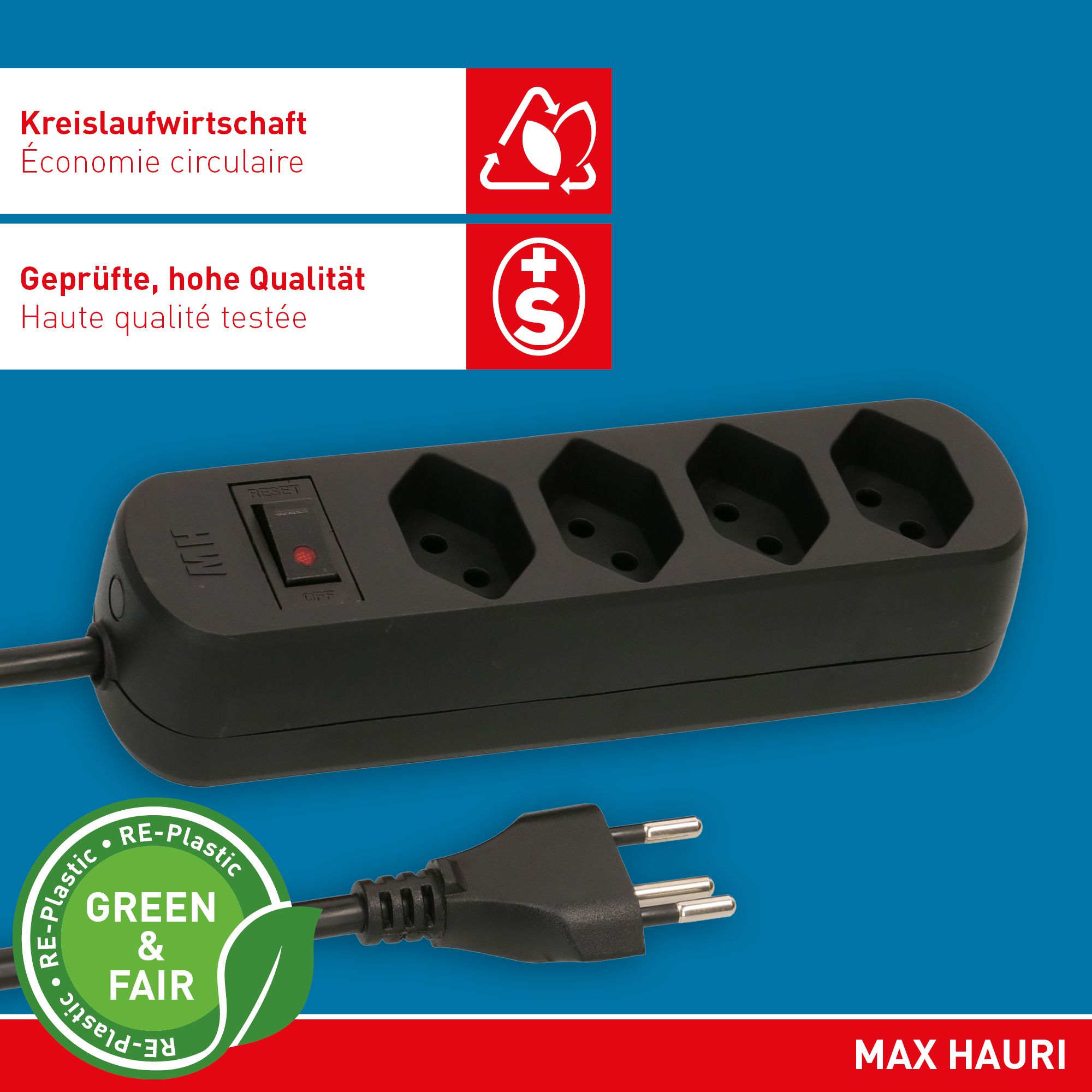 multiprise Basic Line 4x type 13 nr interrupteur 1.5m Green+Fair