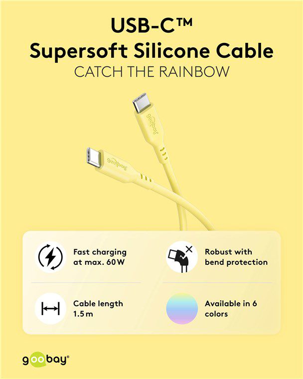 câble de recharge USB-C silicone 1.5m jaune