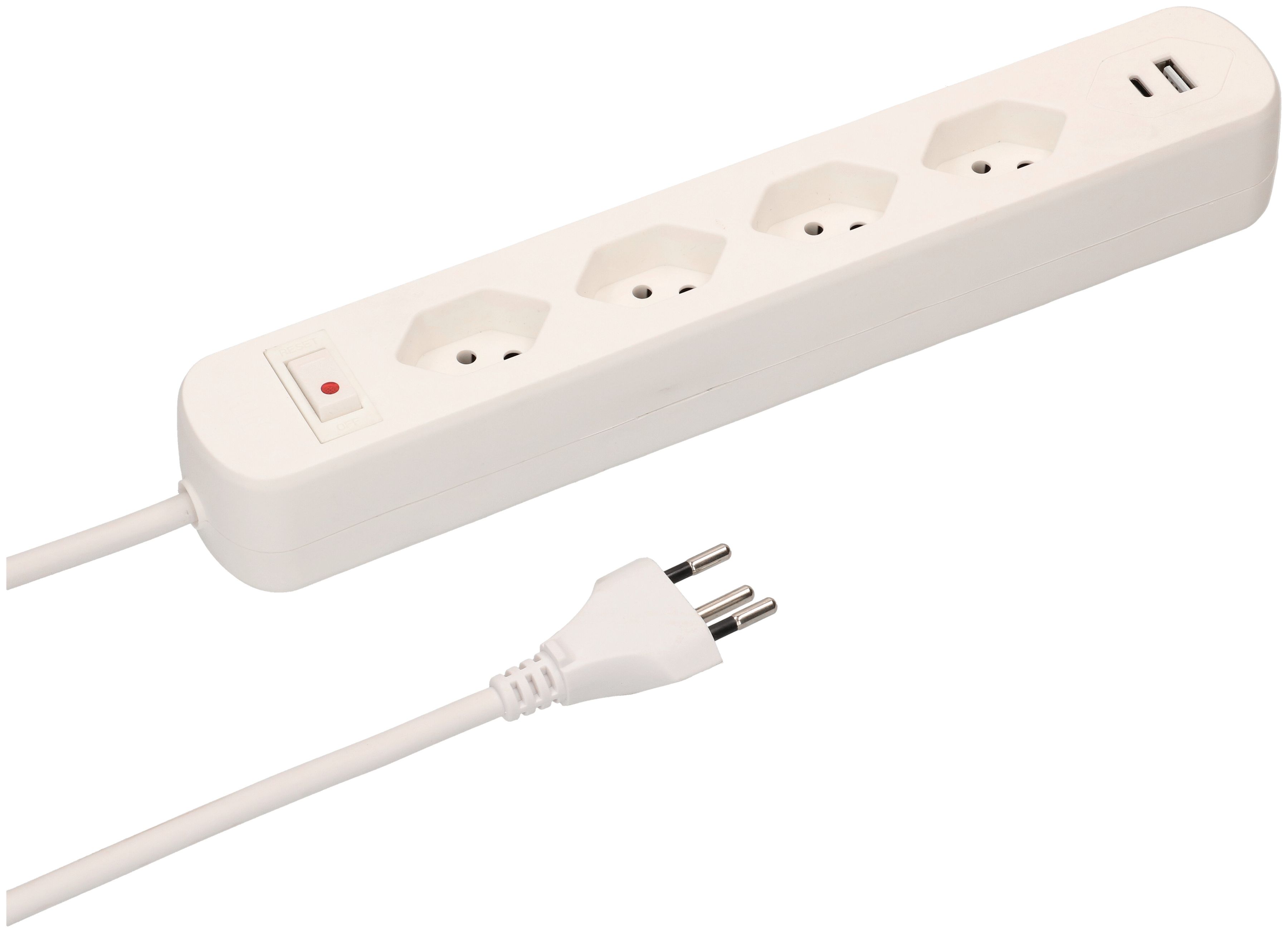 multiprise Basic Line 4x type 13 90° USB A+C bc interrupteur 1.5m