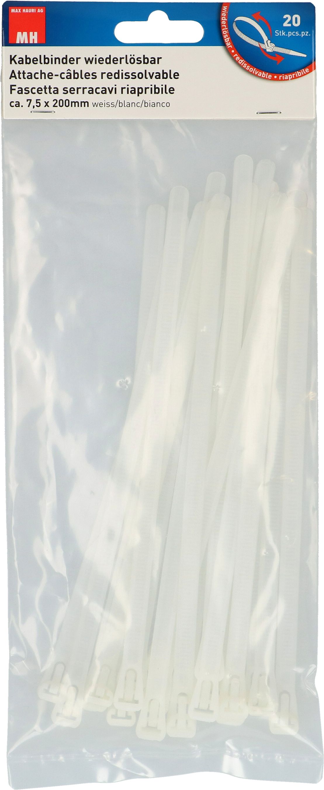attache câbles redissolvable 7.5x200mm blanc / 20 pièces