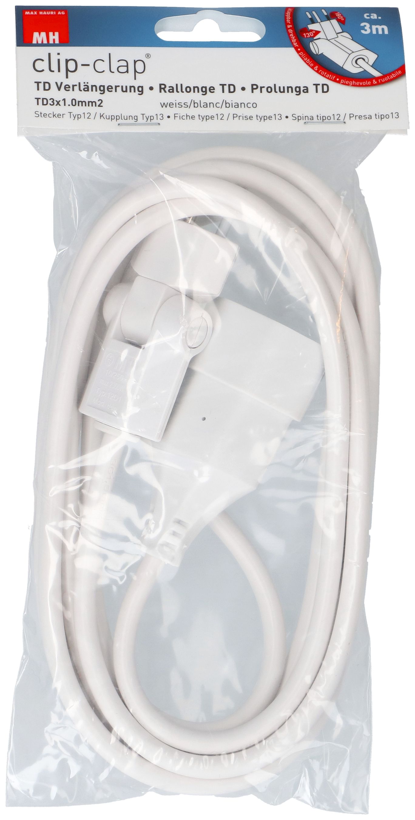Rallonge TD H05VV-F3G1.0 3m blanc clip-clap BS type 12 / type 13