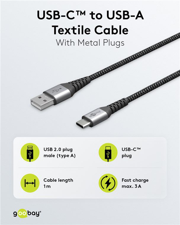câble de recharge USB-A vers USB-C textile extra robuste 1m noir